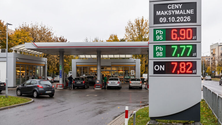 Pylon stacji paliw z cenami maksymalnymi na 09.10.2026: Pb95 6,90 zł, Pb98 7,77 zł oraz ON 7,82 zł. W tle widoczna stacja.
