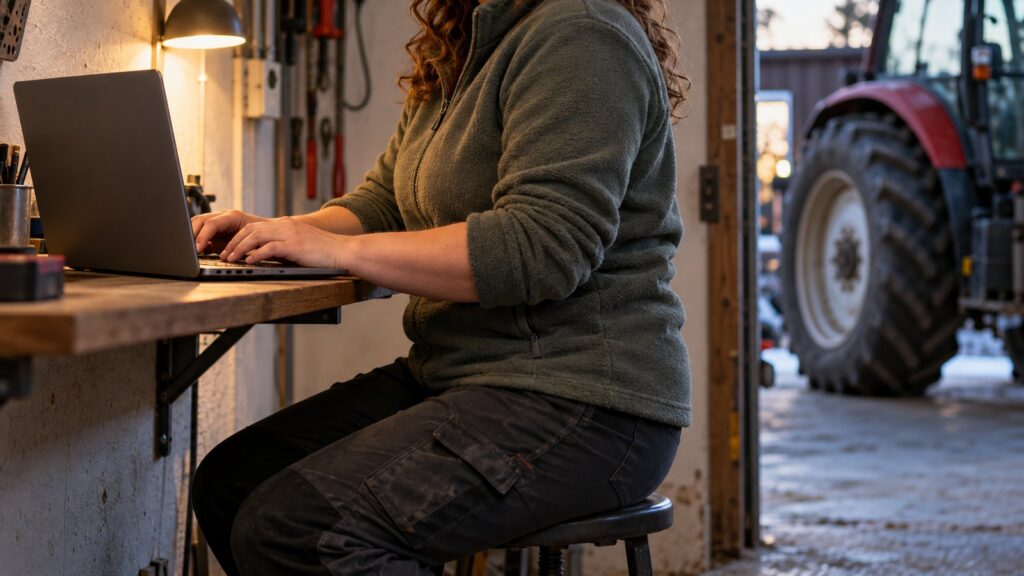 Kobieta pracuje na laptopie przy półce w warsztacie; przez otwarte drzwi widać koło ciągnika.