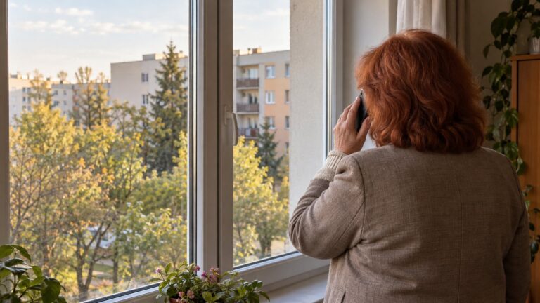 Kobieta widziana od tyłu rozmawia przez telefon przy oknie; za szybą widać drzewa i blok.